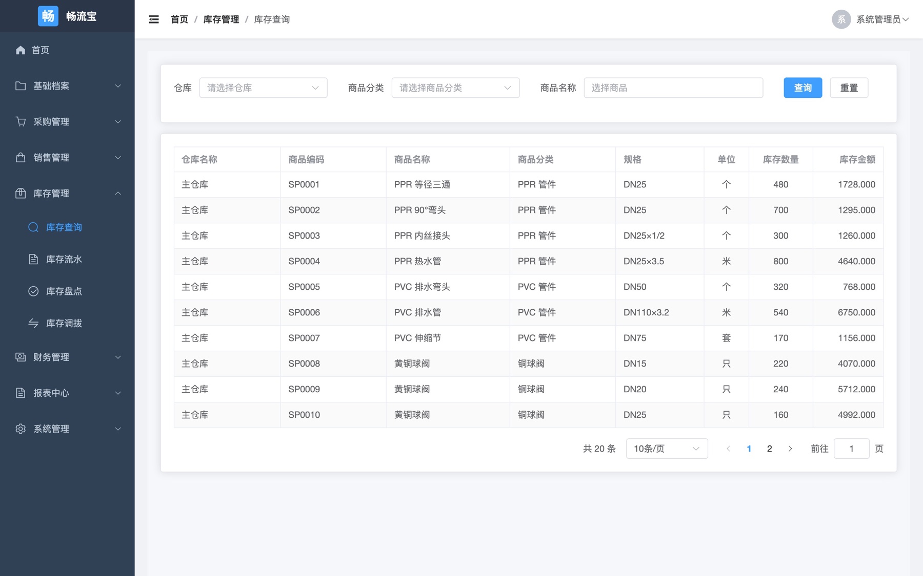 畅流宝电脑端库存查询列表，含仓库、商品、规格、库存数量与库存金额