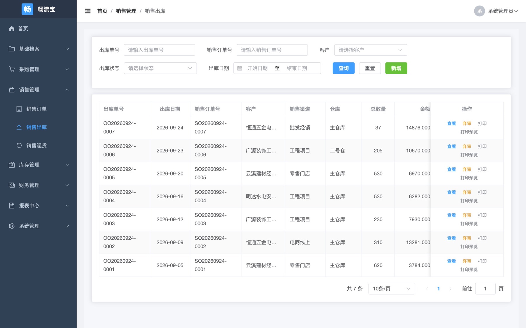 畅流宝电脑端销售出库单列表，显示单号、出库日期、客户、仓库、总数量与金额